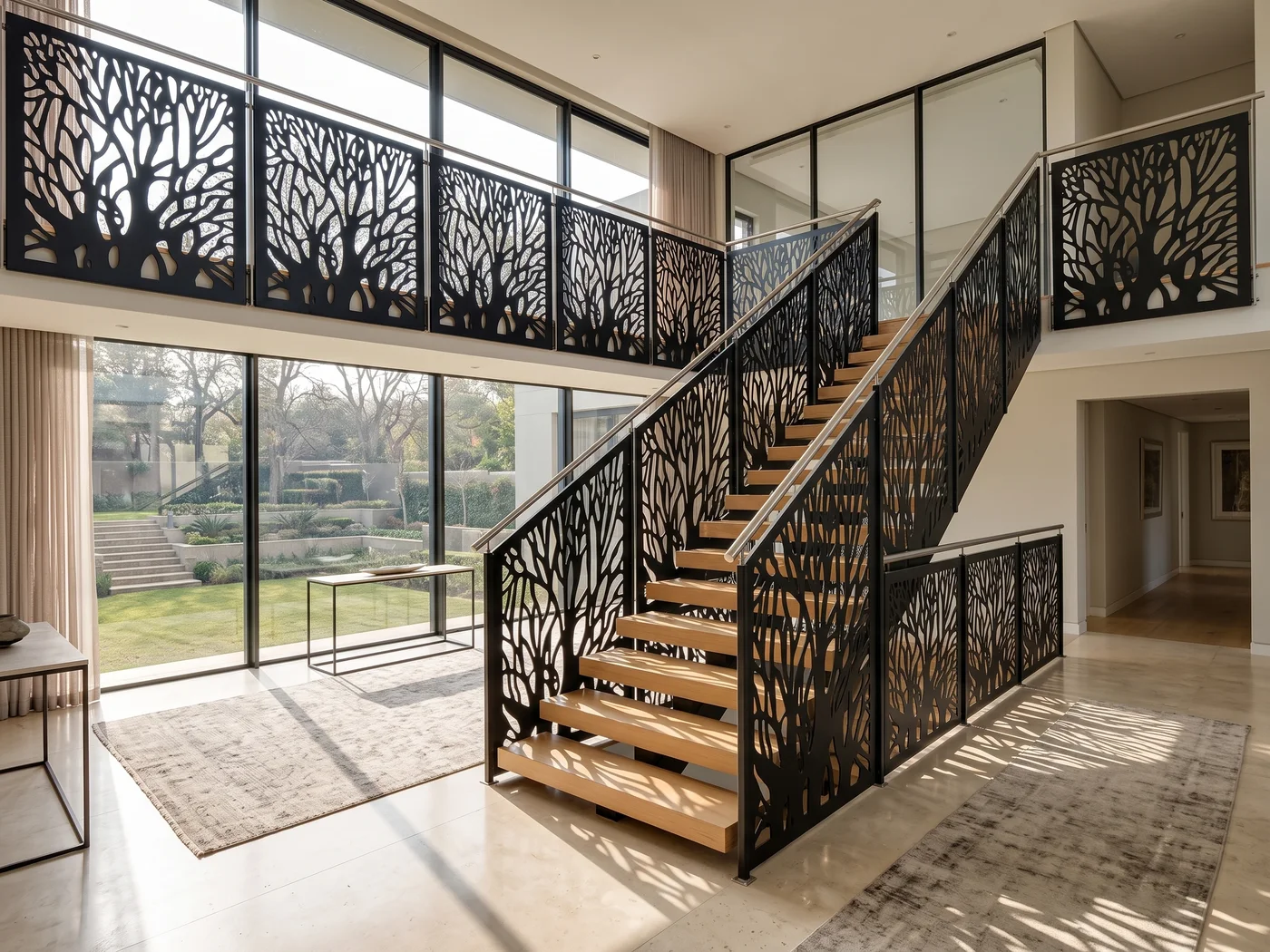 Laser cut balustrade panels on a staircase in a double-volume home