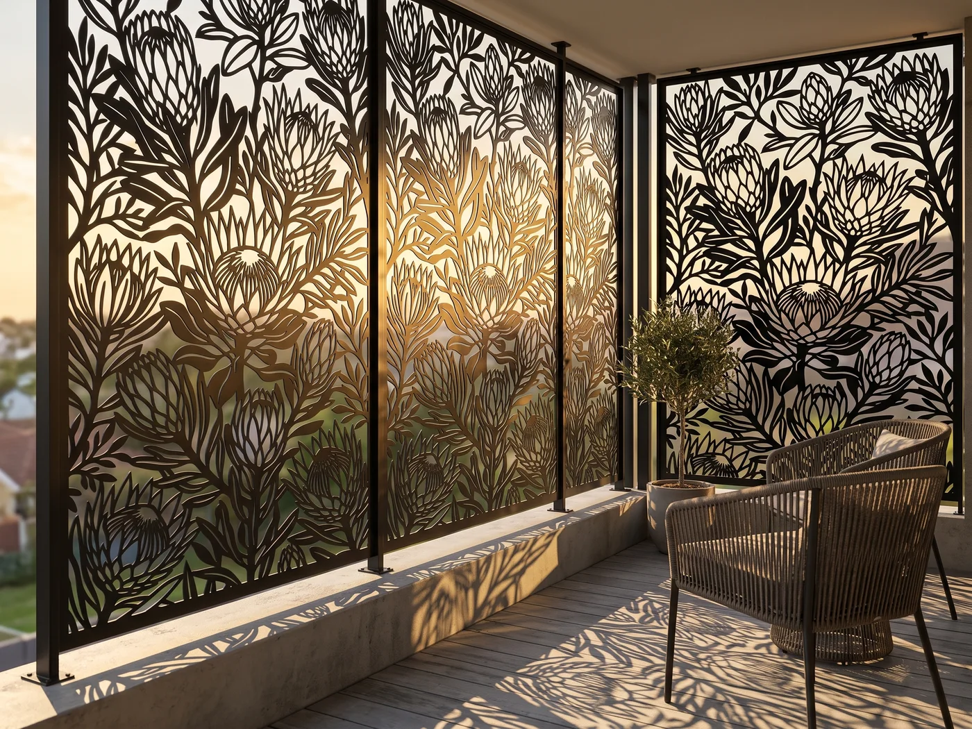 Laser cut botanical privacy screens along a modern balcony