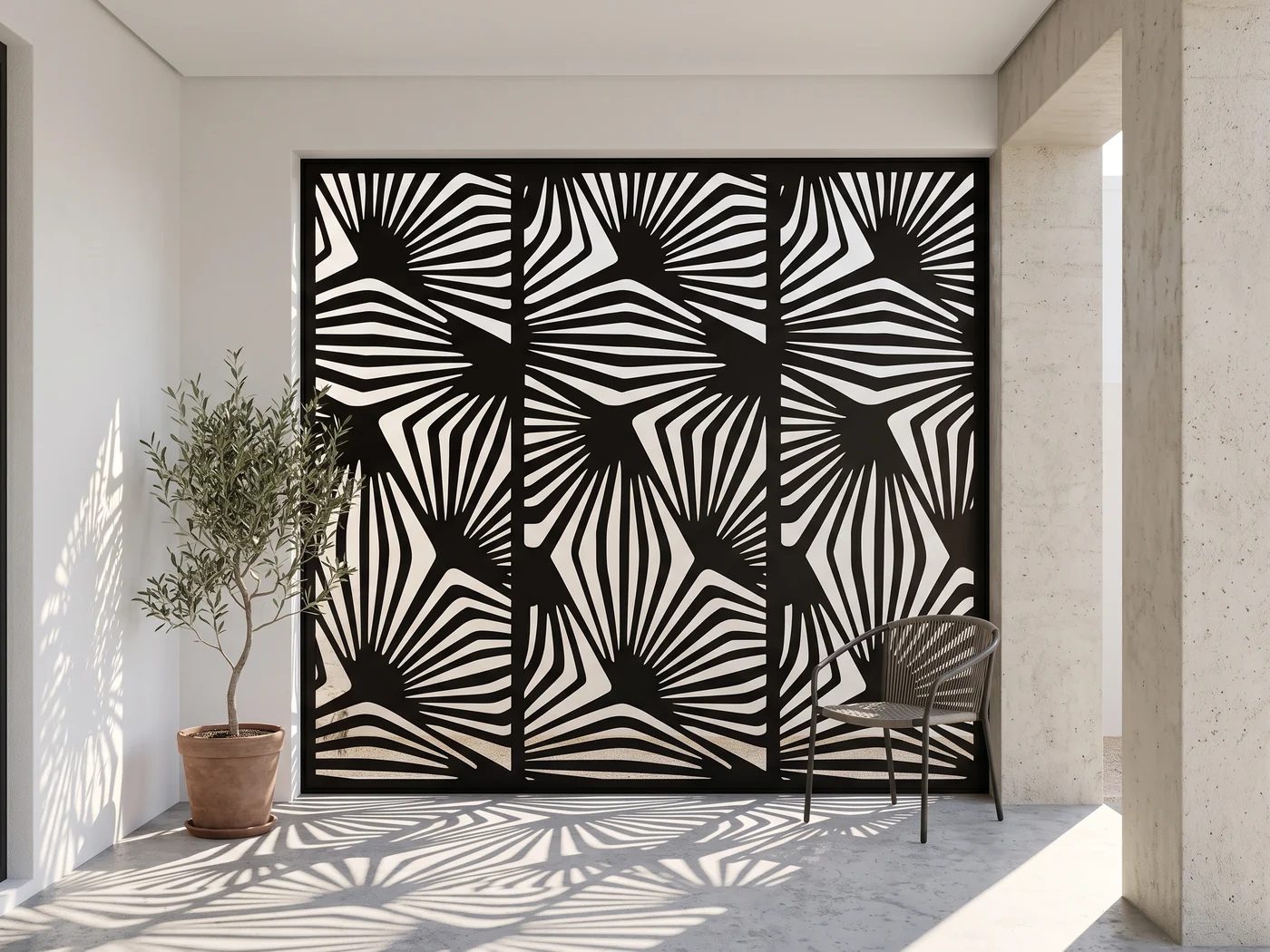 A laser cut privacy screen made to fit its opening exactly, edge to edge