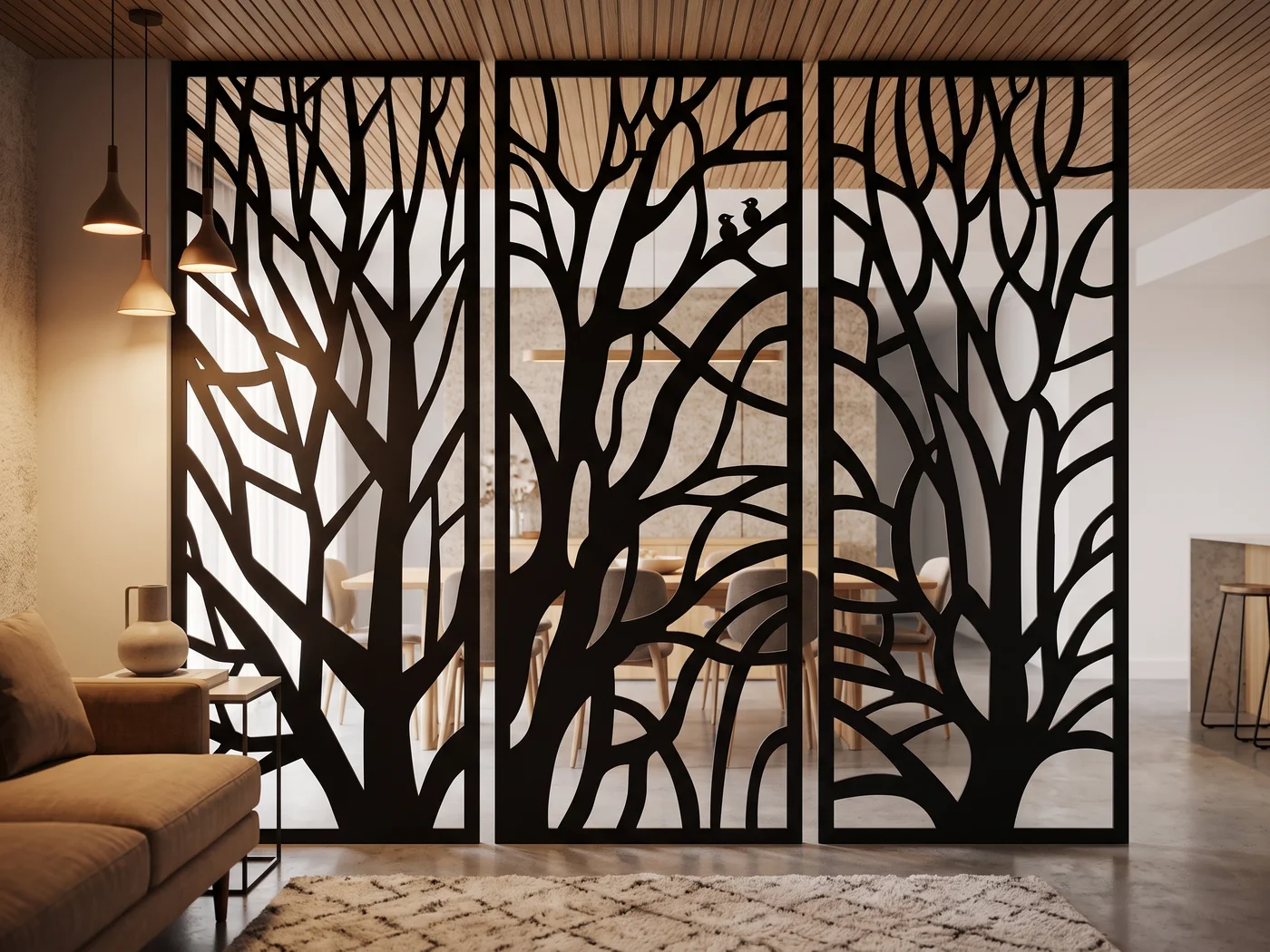 A floor-to-ceiling laser cut screen dividing a lounge from a dining area